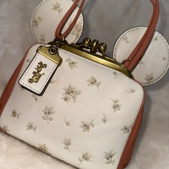 Limited Disney x Coach Minnie Mouse Kisslock Bag Cream & Pink Floral Print New! - Picture 8 of 17